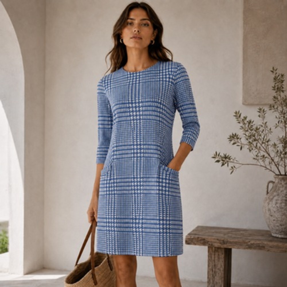 J McLaughlin Dress Womens XS Blue Houndstooth Knit Shift 3/4 Sleeve Pockets